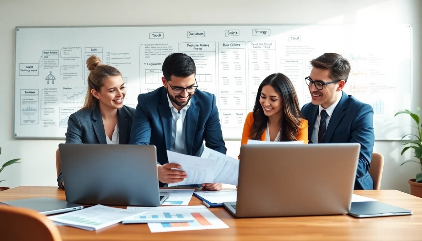 Evaluate Bid-No-Bid Analysis with professionals strategizing in a collaborative office environment.