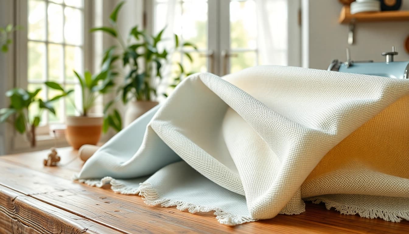 Katoen stof met fijne textuur en warme uitstraling op een houten tafel