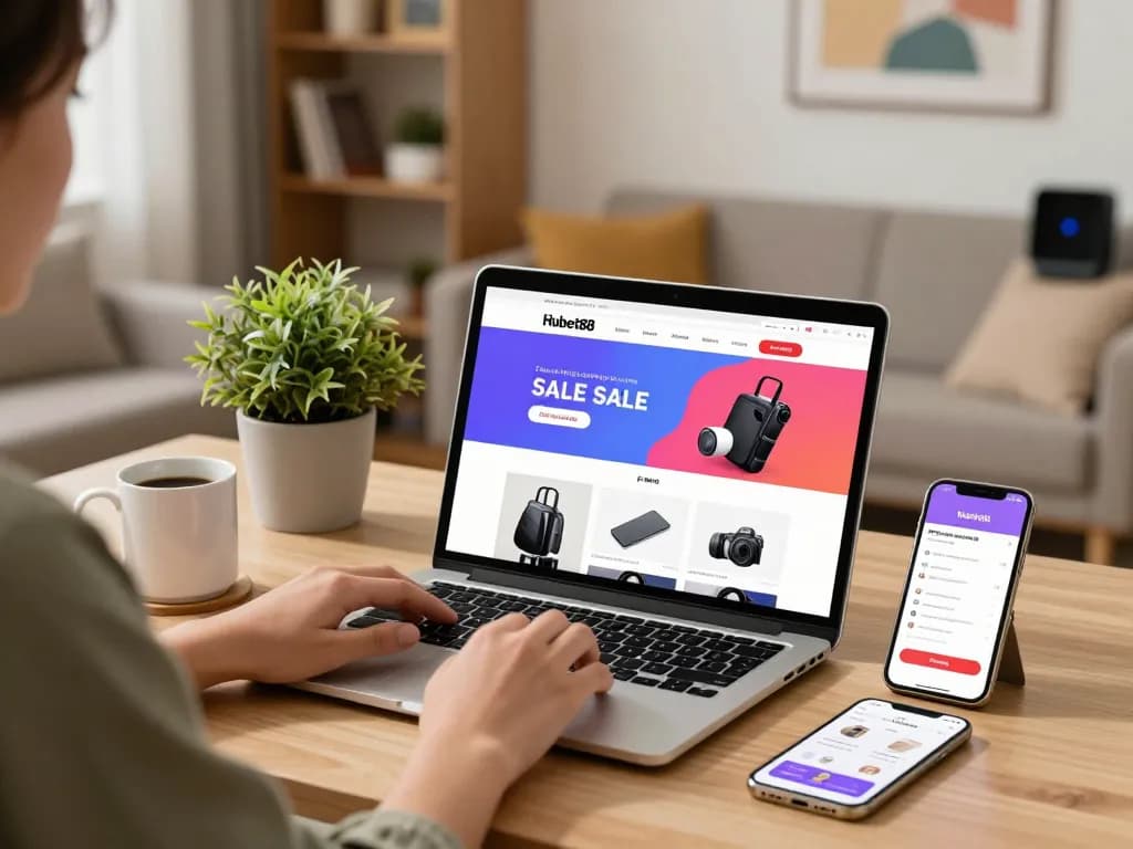 Engaging Hubet88 online shopping scene with laptop and vibrant product display.