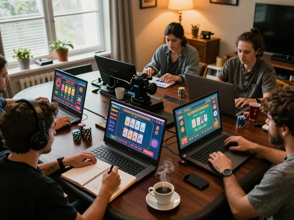 Engaging players enjoying migliori casino europei online in a cozy home gaming setup with multiple devices and strategic notes