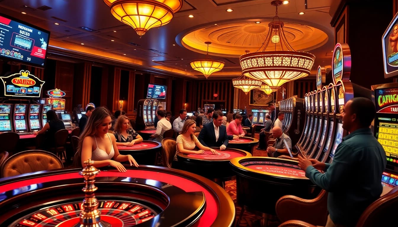 Players enjoying a thrilling casino experience at SODO, showcasing poker, roulette, and slot machines.