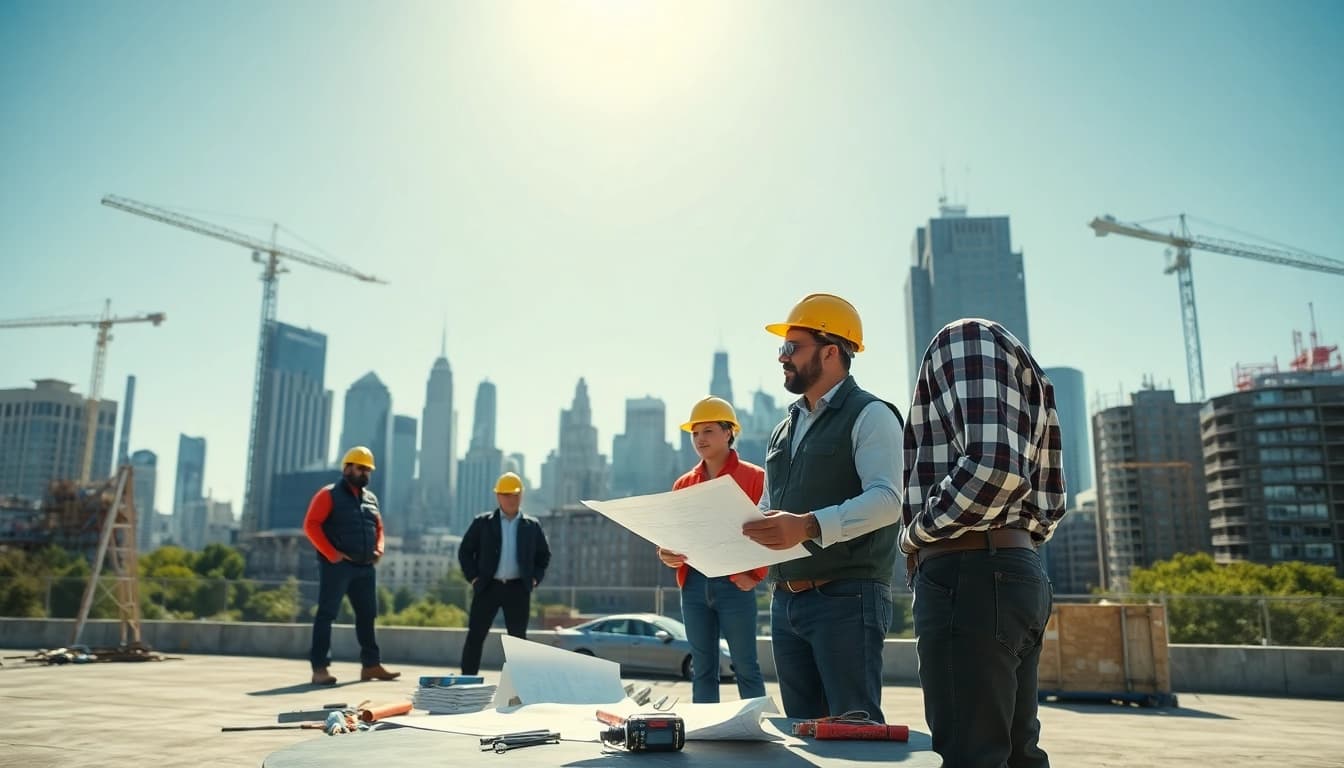 New York City Commercial General Contractor managing a busy construction site with a skyline backdrop.