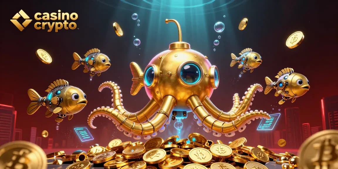 Découvrez le monde du casino crypto avec une illustration dynamique de créatures marines et de pièces d'or.
