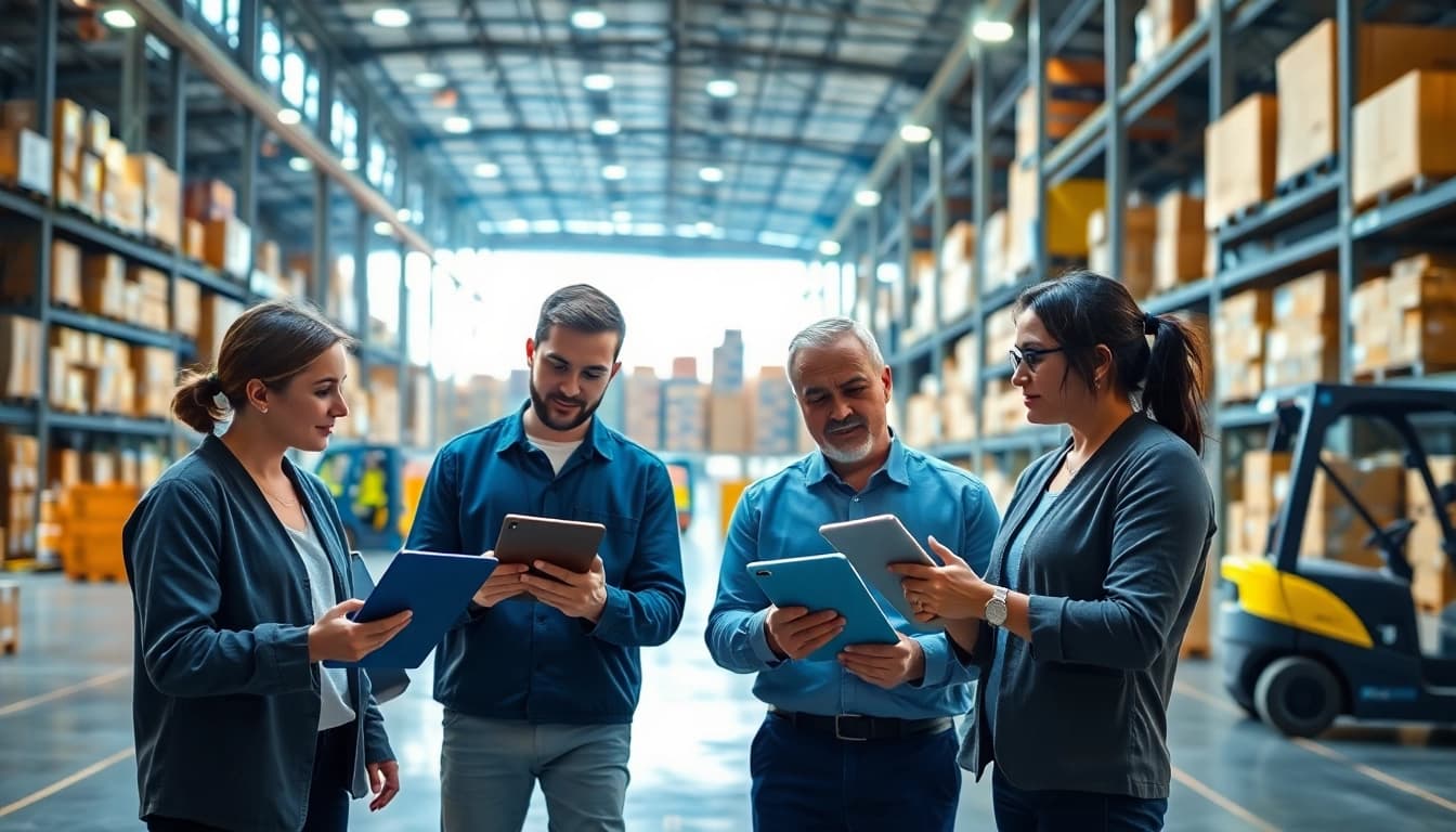 Logistics team managing supply chain operations in a bright, modern warehouse setting.