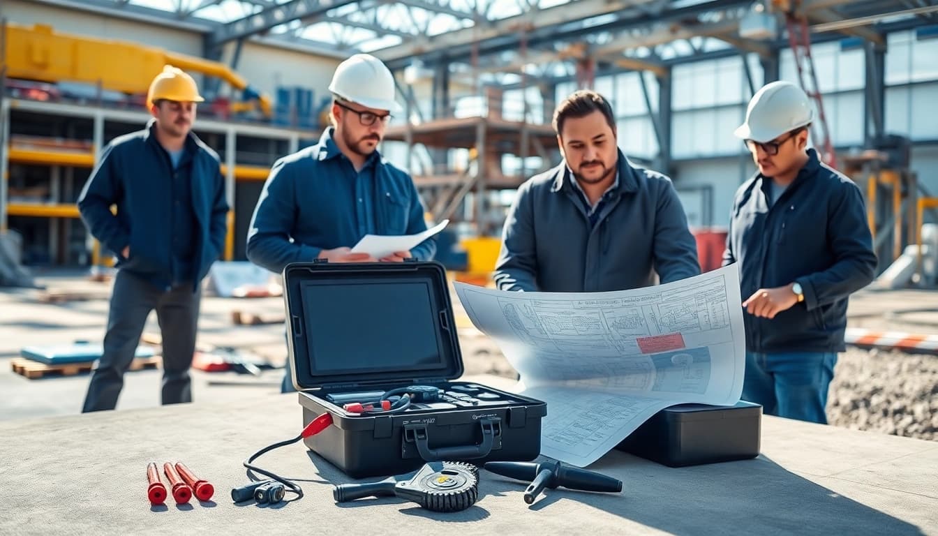Engineers conducting construction assessment testing in an industrial environment.