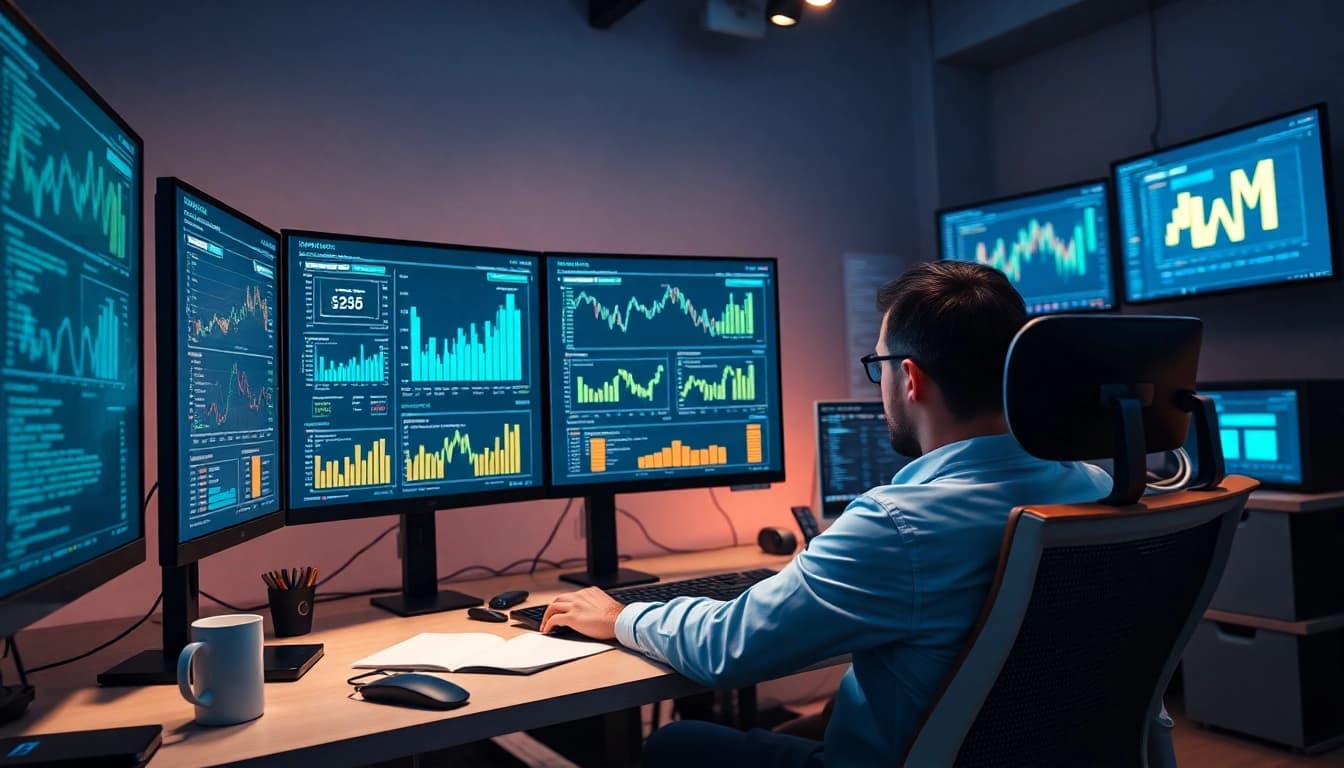 Infosec-focused workspace with digital screens showing Amazon price fluctuations and analytics.