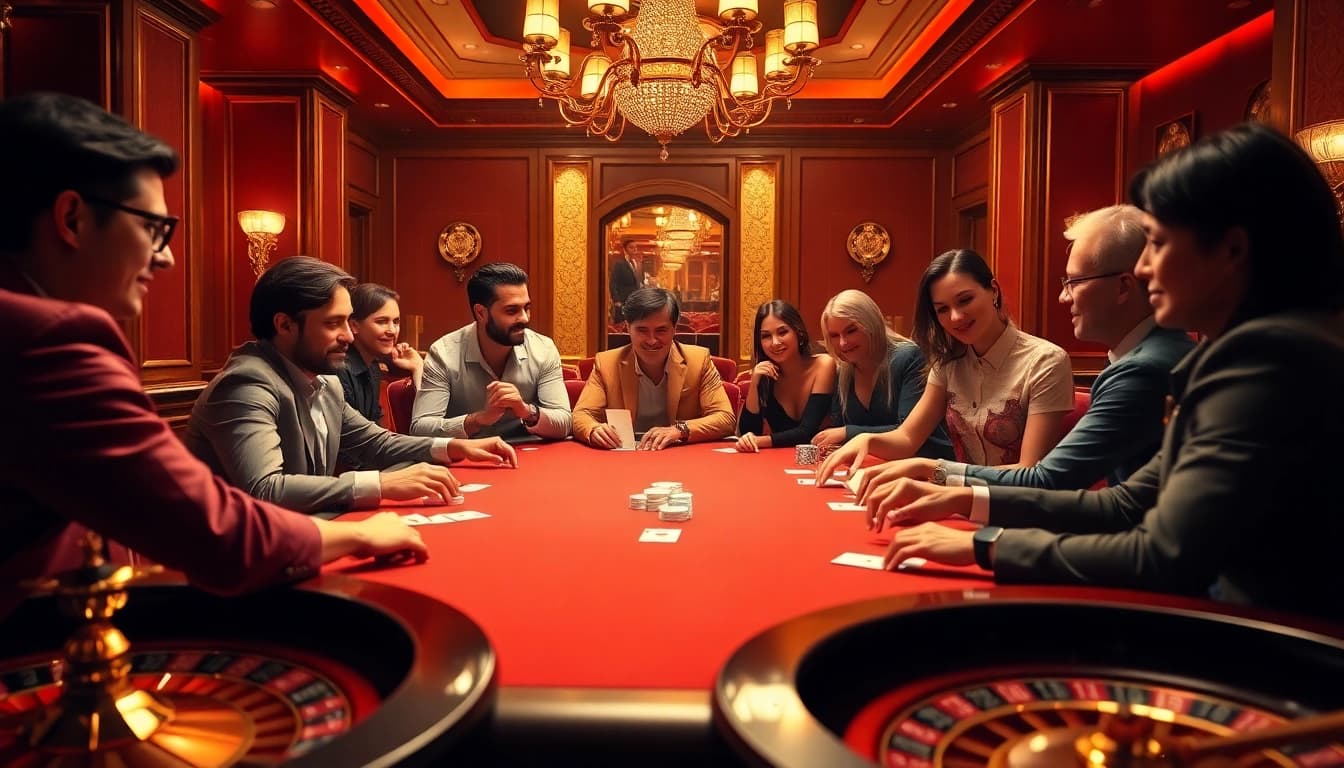 Marvelbet offers an engaging poker experience with players at a high-stakes casino table.