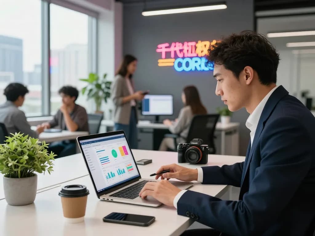 Buy Private Label Rights Products displayed on modern laptop in a vibrant office environment.