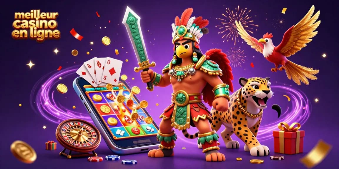Découvrez le meilleur casino en ligne avec des guerriers aztèques et un smartphone affichant des jeux captivants.
