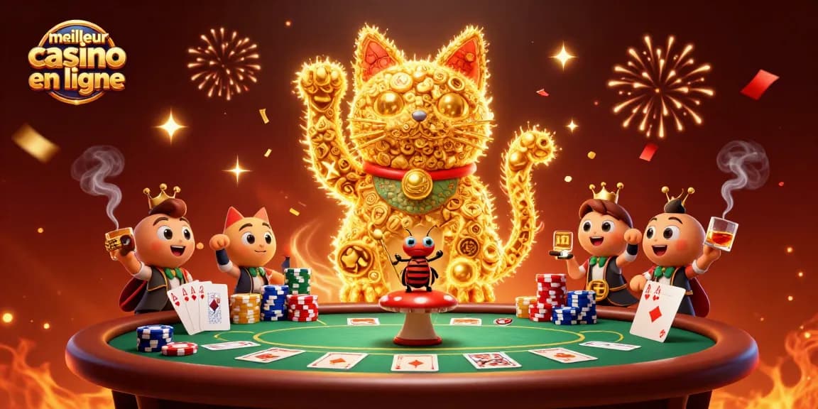 Jouez sur le meilleur casino en ligne avec un chat chanceux et des symboles de casino colorés.