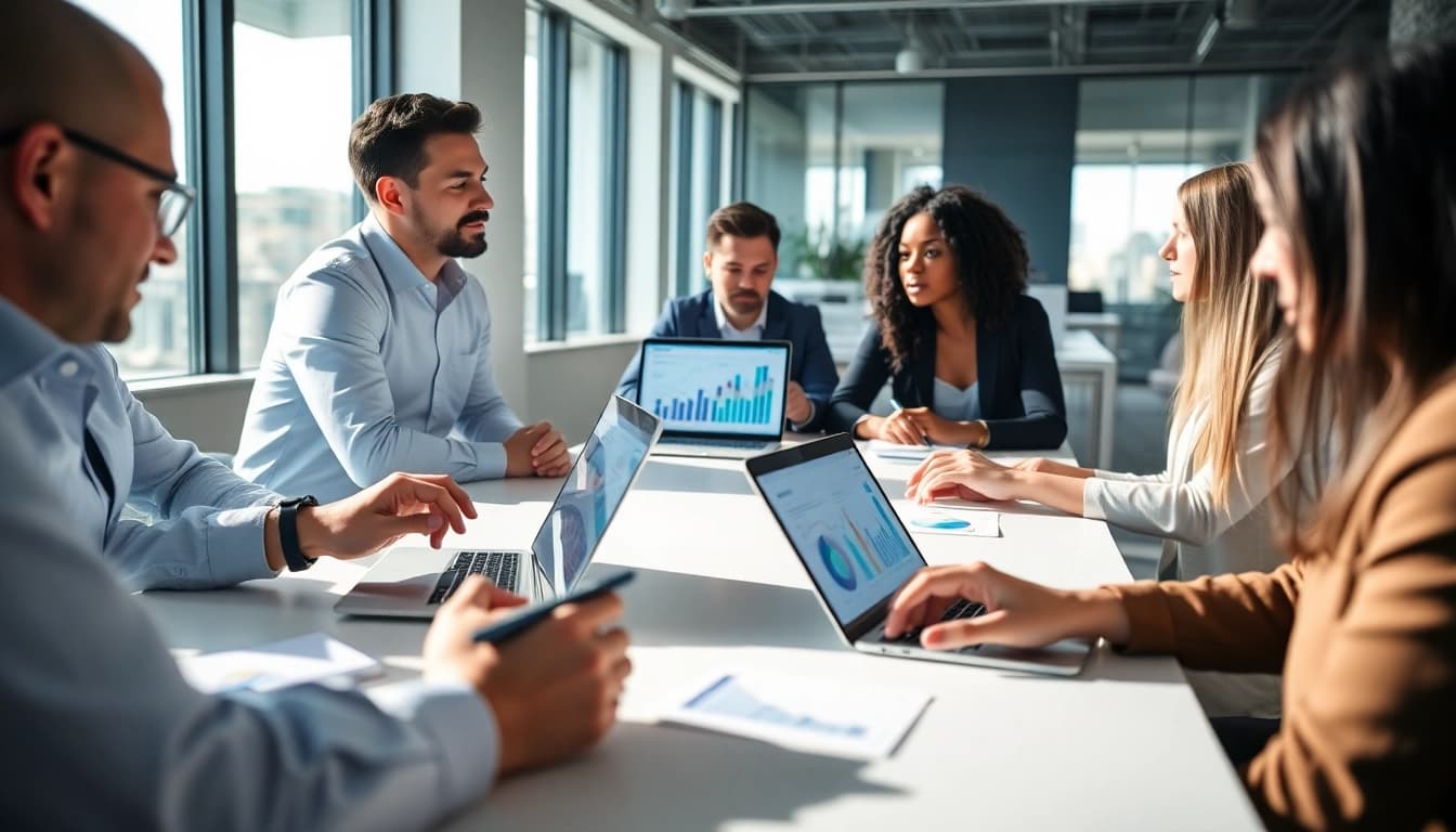 Understanding competitor pricing with team analysis in a bright office environment.