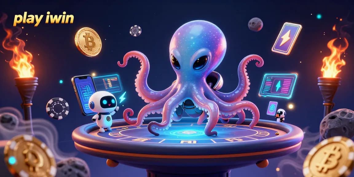 Play iwin and engage with a vibrant alien poker scene featuring cartoon octopus and holographic elements.