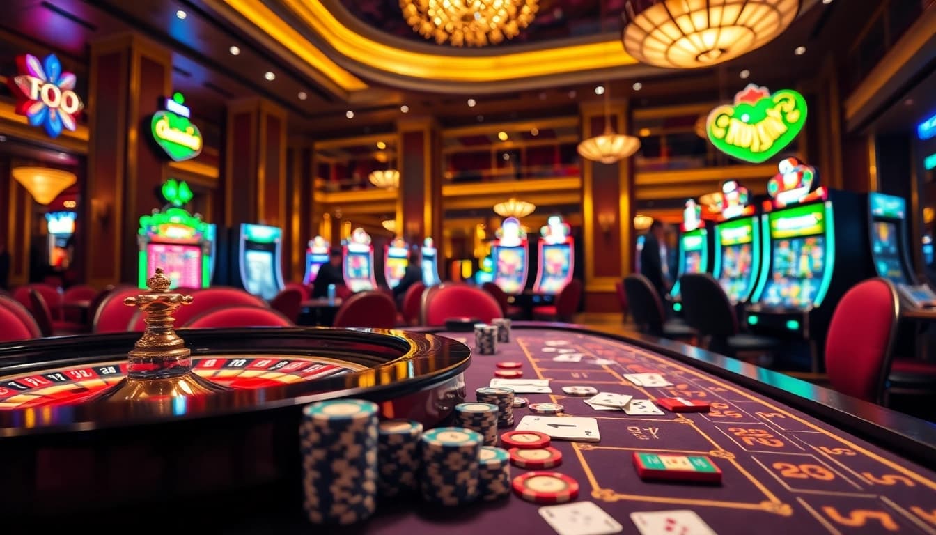 UU88 casino gaming table with vibrant chips and cards in a luxurious setting.