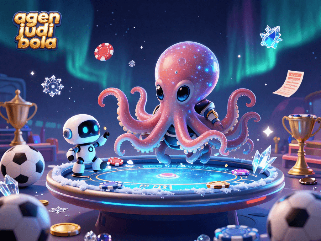 Engage with agen judi bola through an exciting illustration of cosmic sports betting featuring an alien octopus.