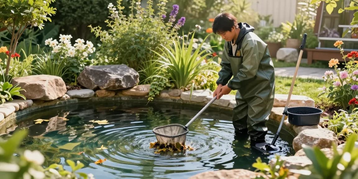 Pond Clean London service in action, gardener cleaning debris from a sparkling garden pond in a lush backyard.