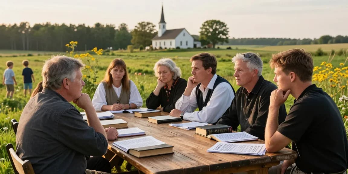 A gathering discussing mennonite doctrine amidst a serene rural setting, showcasing community, tradition, and faith.