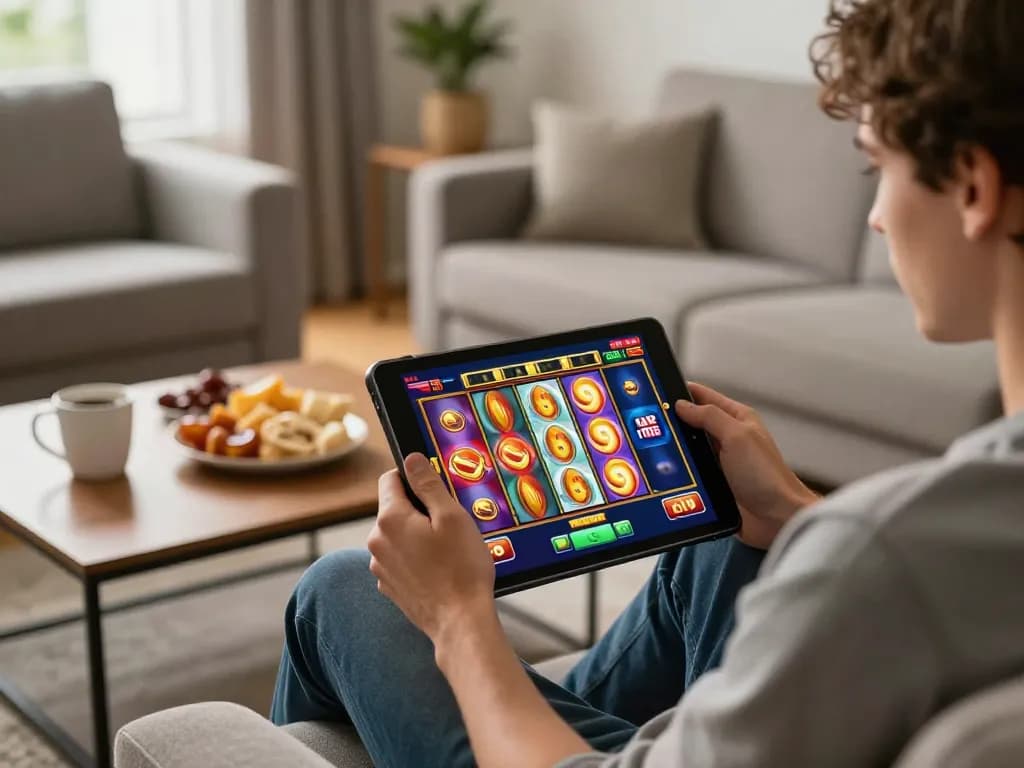 Engaging online gaming action on a tablet at home, showcasing situs slot excitement.