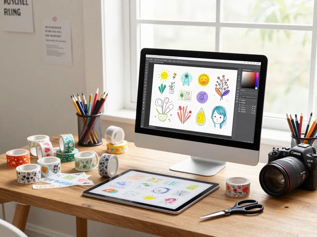Custom washi tape design process in a bright creative workspace with colorful supplies.