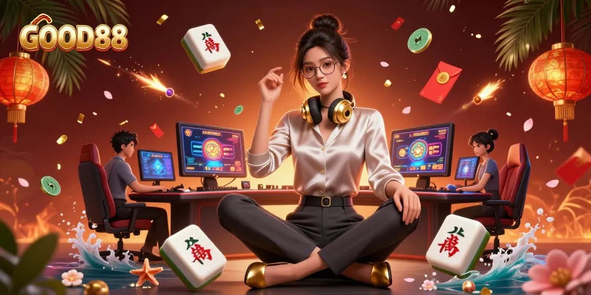 Experience the thrill of GOOD88 online gaming with a photorealistic Asian woman at a high-tech casino setup.
