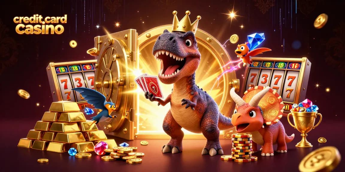 Experience the excitement of a credit card casino with a friendly dinosaur and dynamic gaming elements.