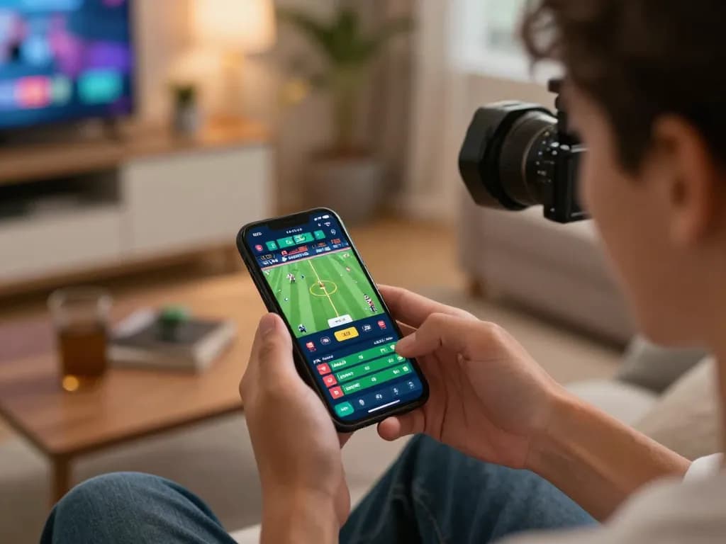 Engaging in top 10 trang cá cược bóng đá with sports betting excitement via a mobile app on a cozy couch