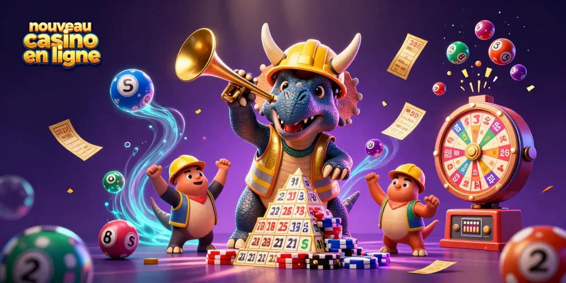 Jouez dans un nouveau casino en ligne avec un triceratops et des éléments de jeu animés.