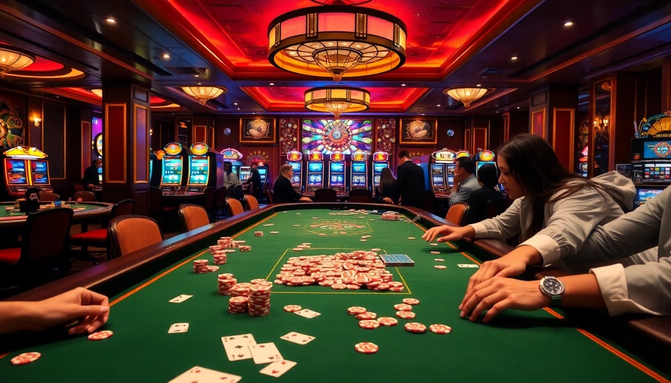Casino table action at BK8TH, featuring poker and slots in an elegant setting.