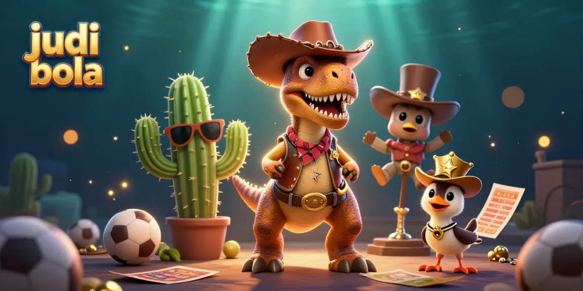 Engaging judi bola scene showcasing animated cowboy dinosaur, cactus, and roadrunner with sports elements.