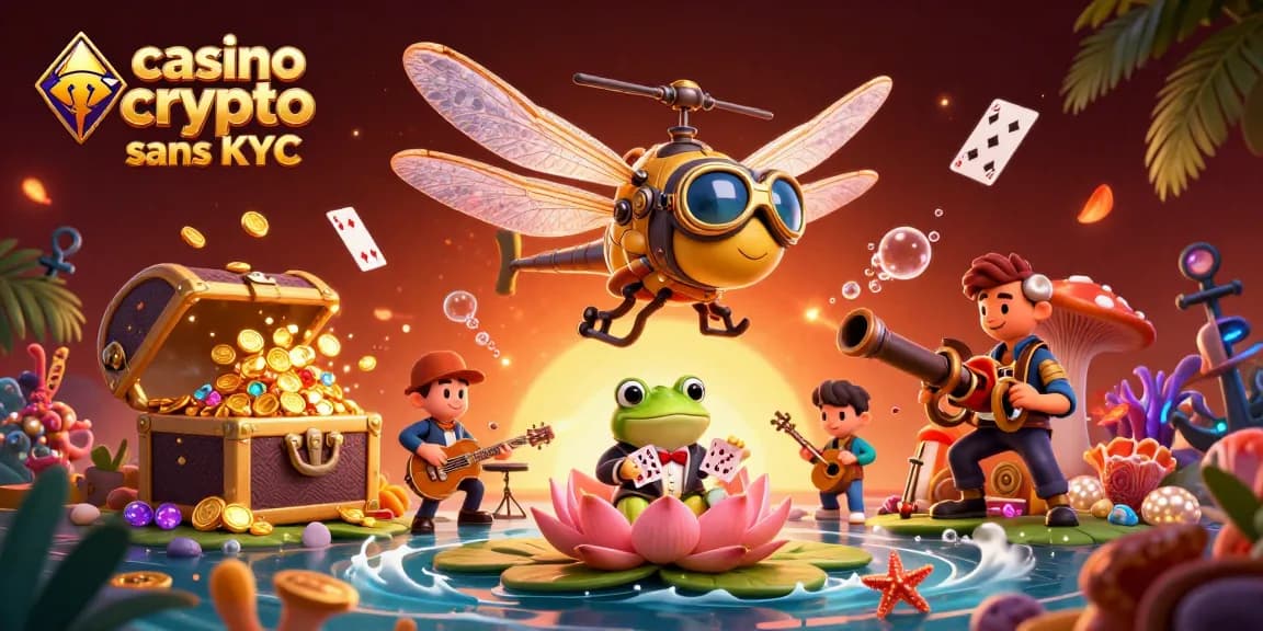 Jouer au casino crypto sans KYC avec un dragonfly pilote et un croupier grenouille dans un casino sous-marin.
