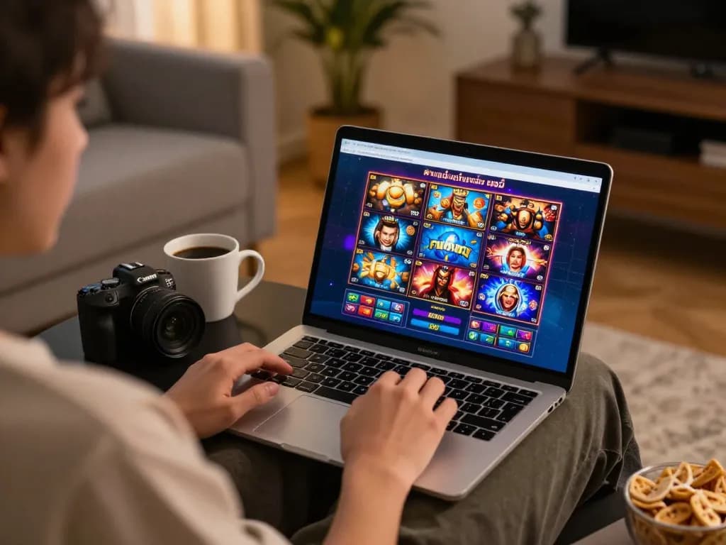 Engaging in ทดลองเล่นสล็อต on a laptop in a cozy home setup surrounded by snacks hints at fun and responsible gambling