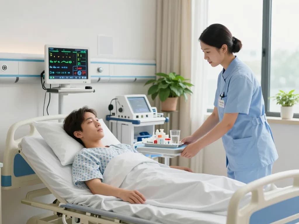 Hospital patient bed (giường bệnh nhân) with nurse and medical supplies in bright, calming environment.