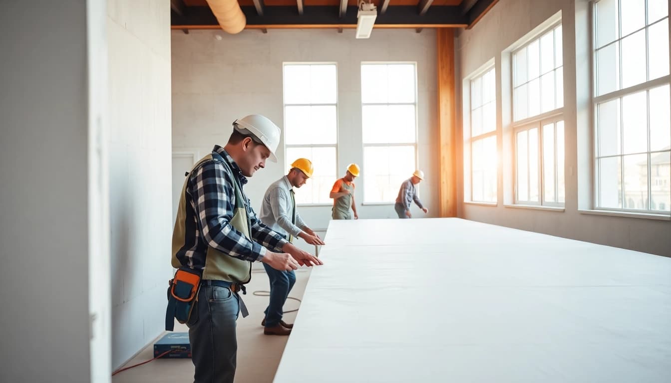 Skilled workers installing drywall in a modern interior, showcasing precision and craftsmanship.