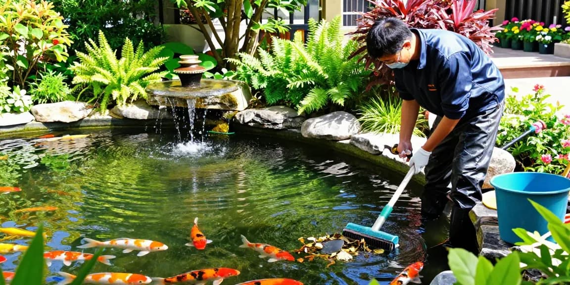 Pond Clean London: Expert cleaning service in a vibrant urban garden, showcasing clear pond and pond specialist at work.