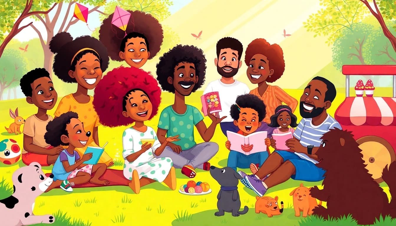 A lively cartoon scene featuring African American characters enjoying community activities, celebrating diversity and joy in African American Cartoons.