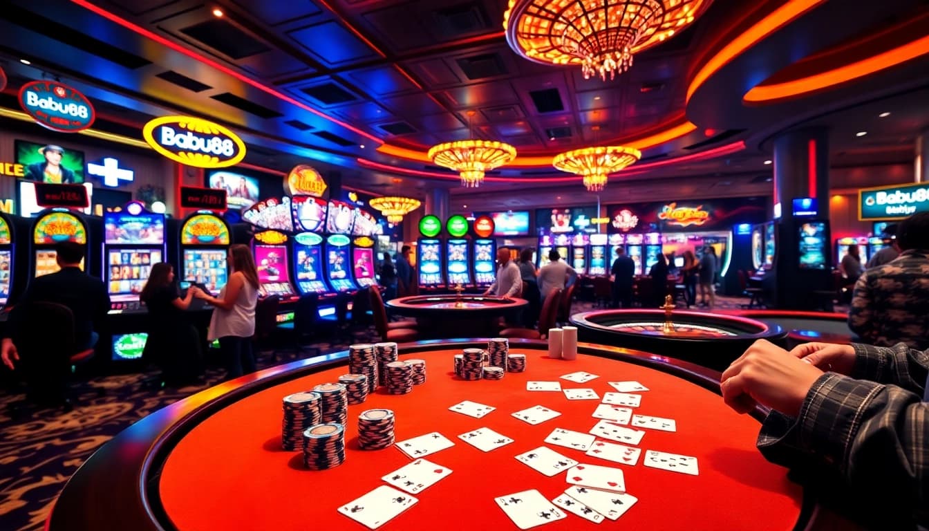 Engaging poker action at a Babu88 casino table surrounded by vibrant slot machines and live betting.