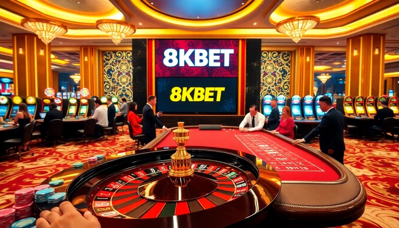 Experience the thrill of betting at 8KBET's luxurious casino, featuring roulette and poker tables.