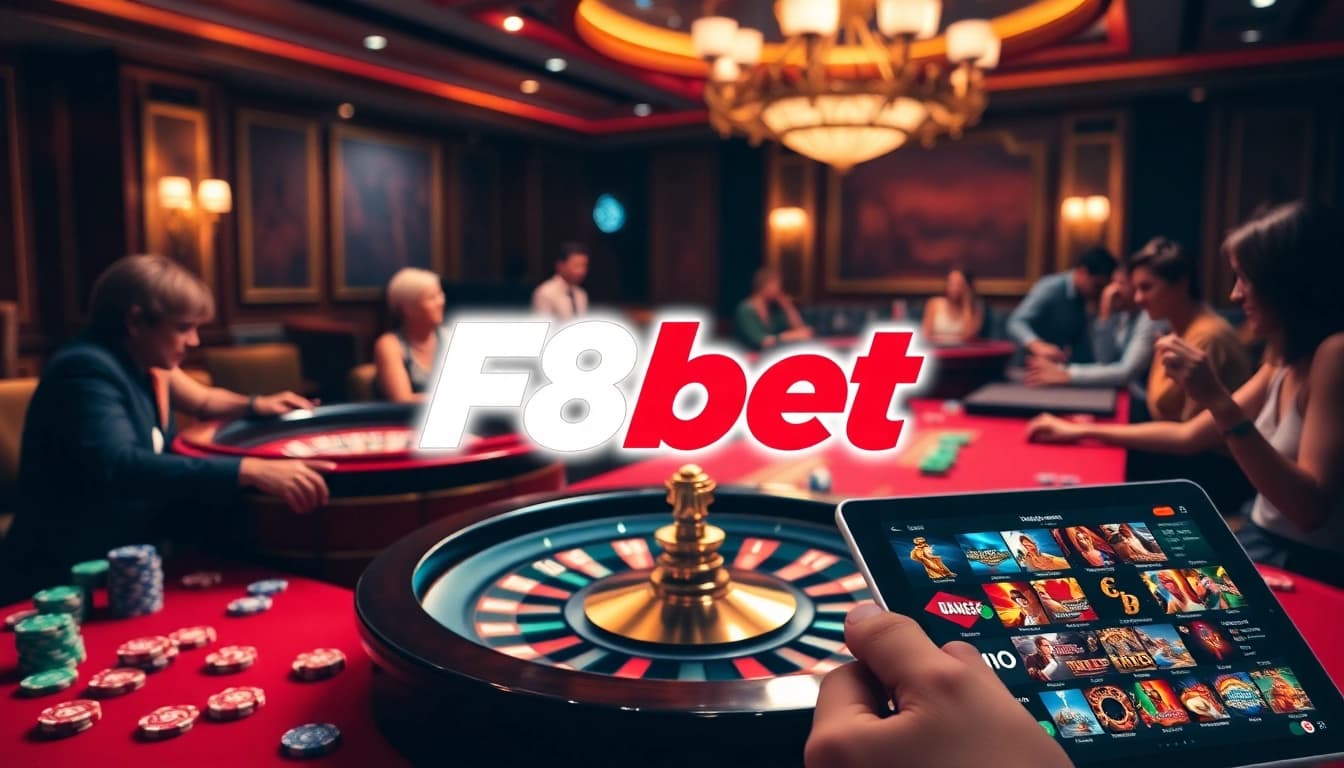 Join the excitement at F8bet with engaging casino games featuring poker chips, roulette, and more.