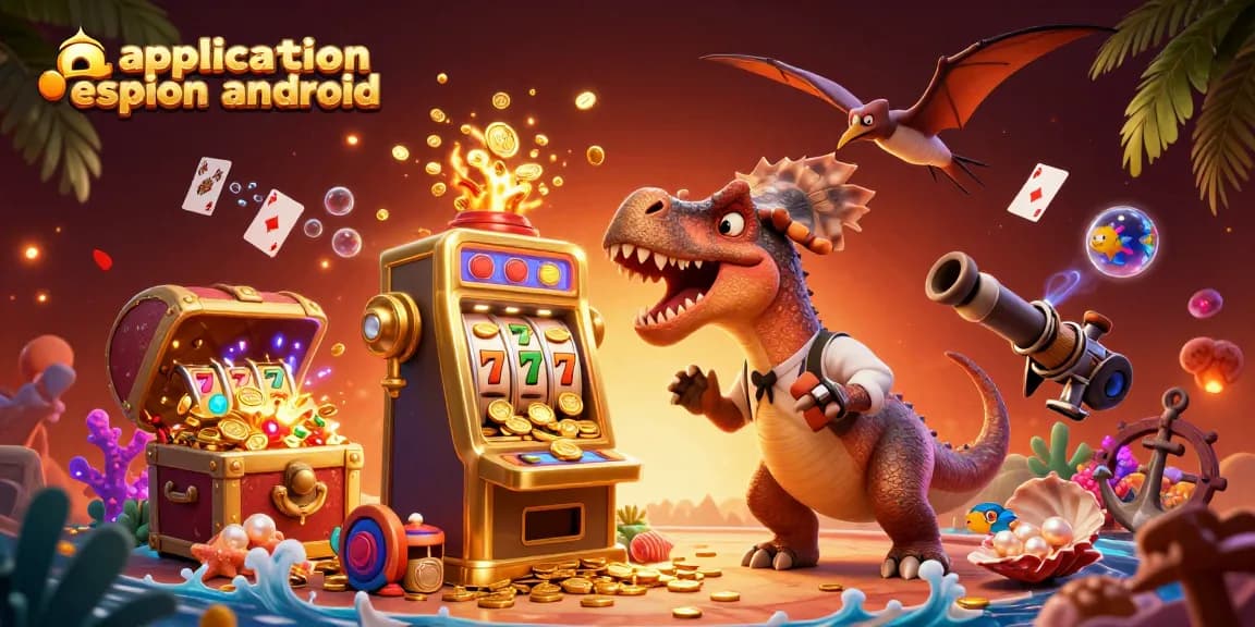 Visibilité accrue pour application espion android grâce à un dinosaure gagnant sur une machine à sous, dans une scène de casino animée.