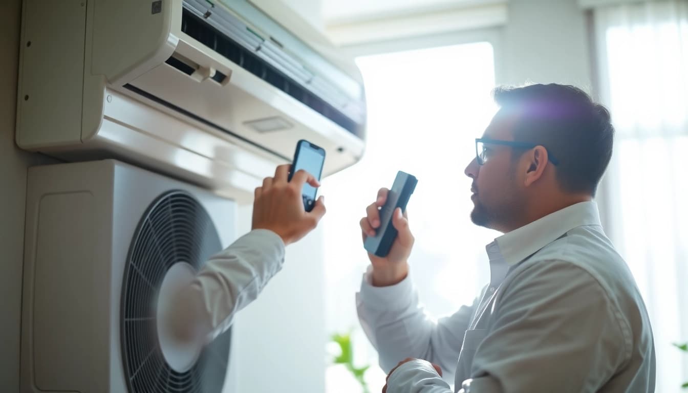 AC Repair Saint Petersburg FL professional inspecting air conditioning unit in a bright home setting.