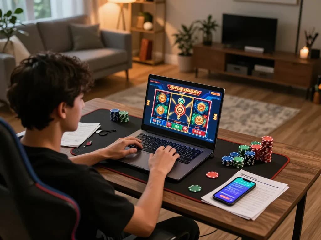 Player enjoying situs slot gacor on laptop in modern home office, surrounded by gaming essentials