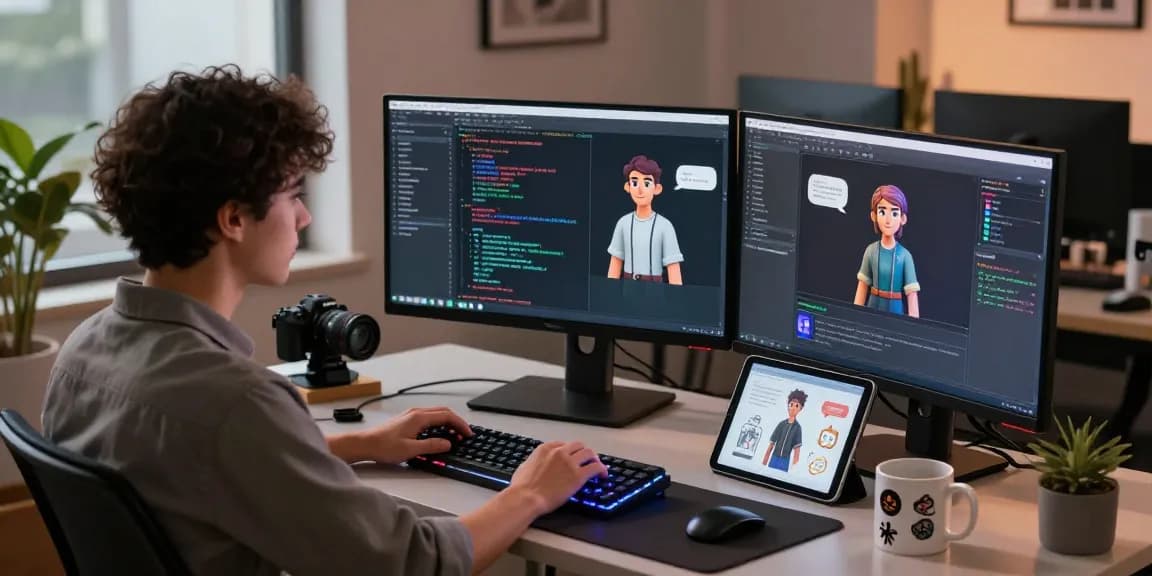 NSFW AI character development workspace with multiple monitors and creative decor