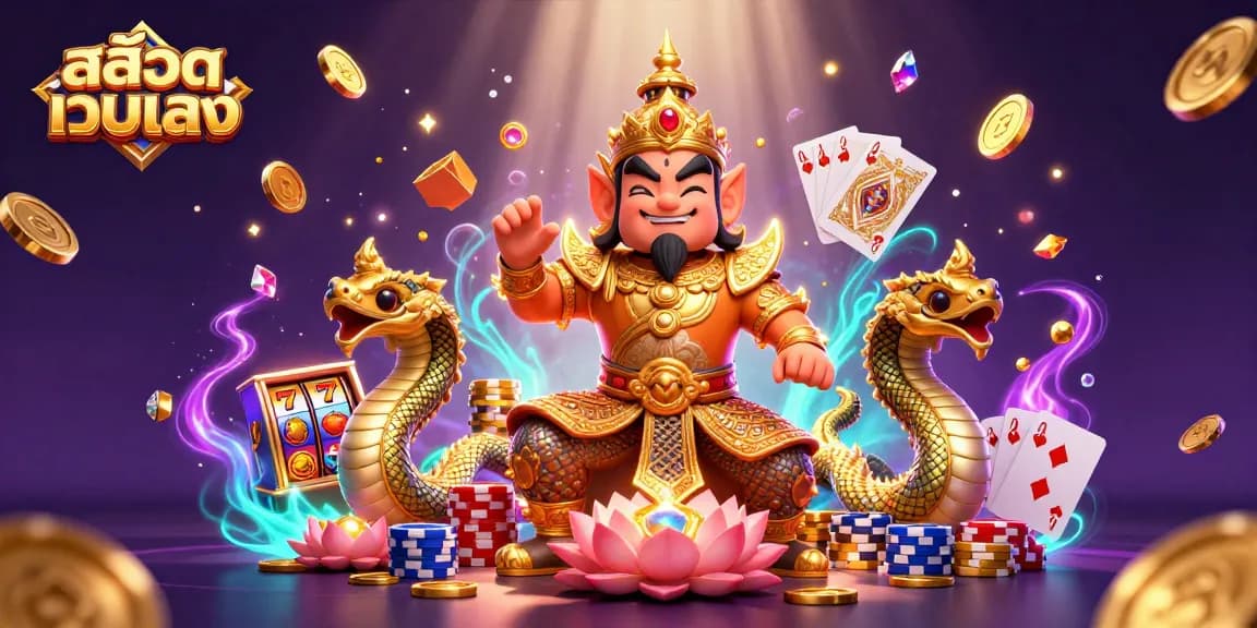 Experience thrilling สล็อตเว็บตรง action with spinning slot reels and vibrant Naga guardians surrounded by treasures.
