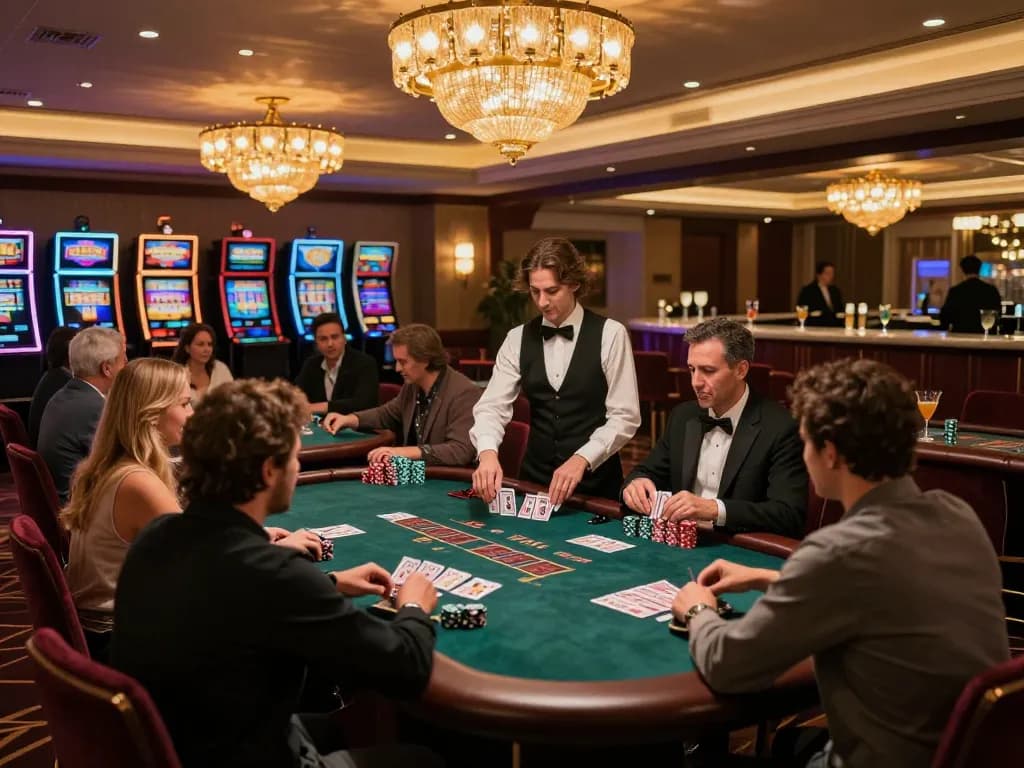 Players enjoying an exciting blackjack game at 58win casino with warm lighting and elegant decor.