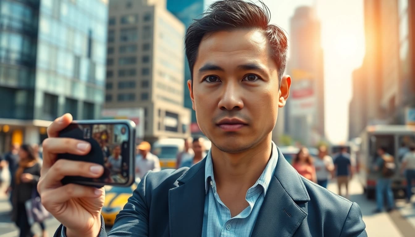 Capturing breaking news in a vibrant urban setting with a professional news reporter.