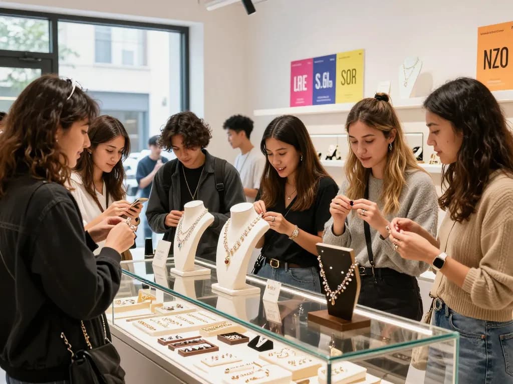 A knockout post showcasing a lively group of friends enjoying their jewelry shopping experience.