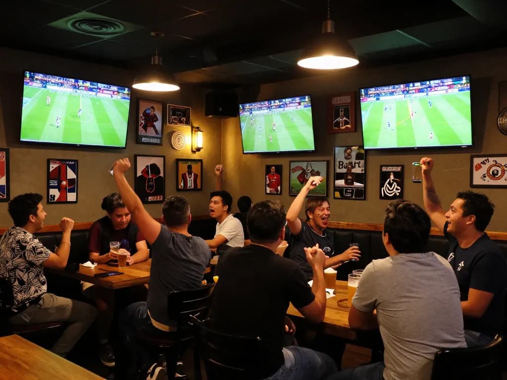 Fans cheering and celebrating during Trực Tiếp Bóng Đá at a lively sports bar atmosphere