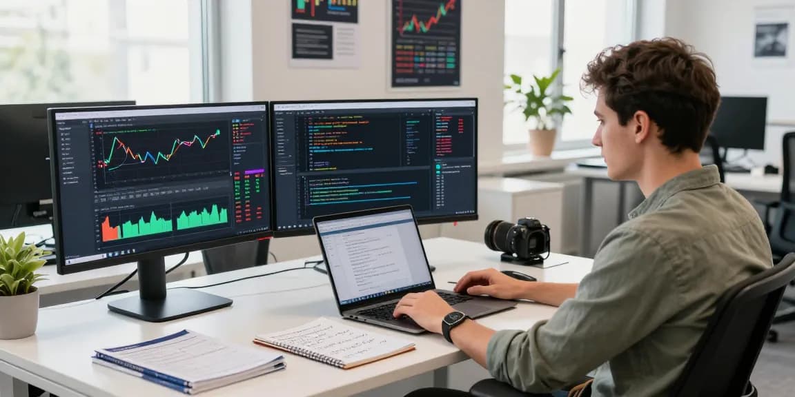 Innovative coding workspace showing forex WebSocket stream API in action with trader analyzing real-time data on multiple screens.