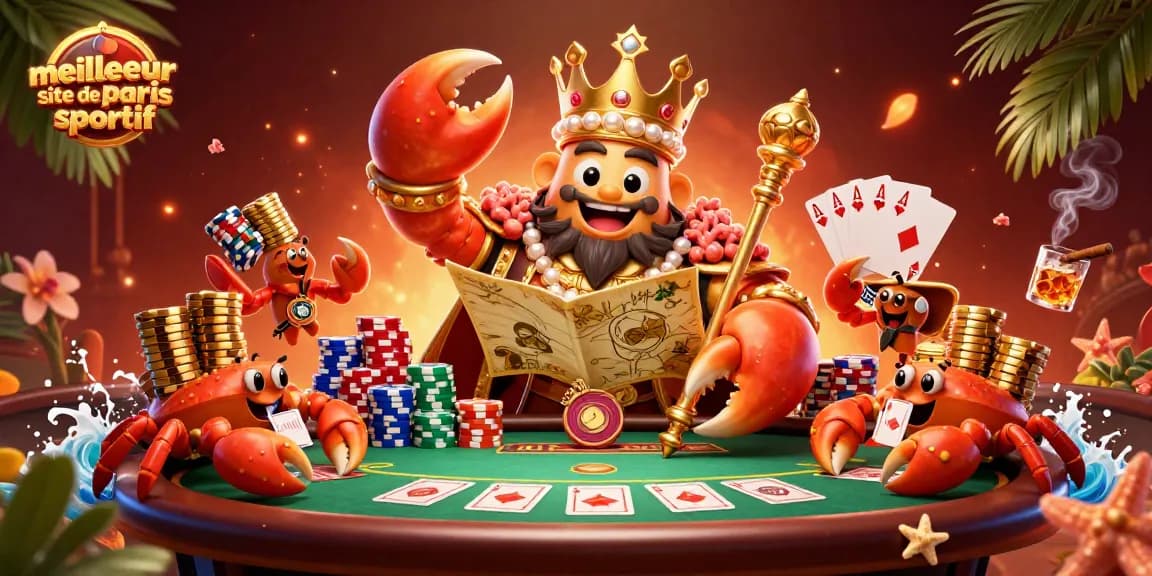 Visitez le meilleur site de paris sportif avec une illustration de crabes et éléments de poker dynamiques.