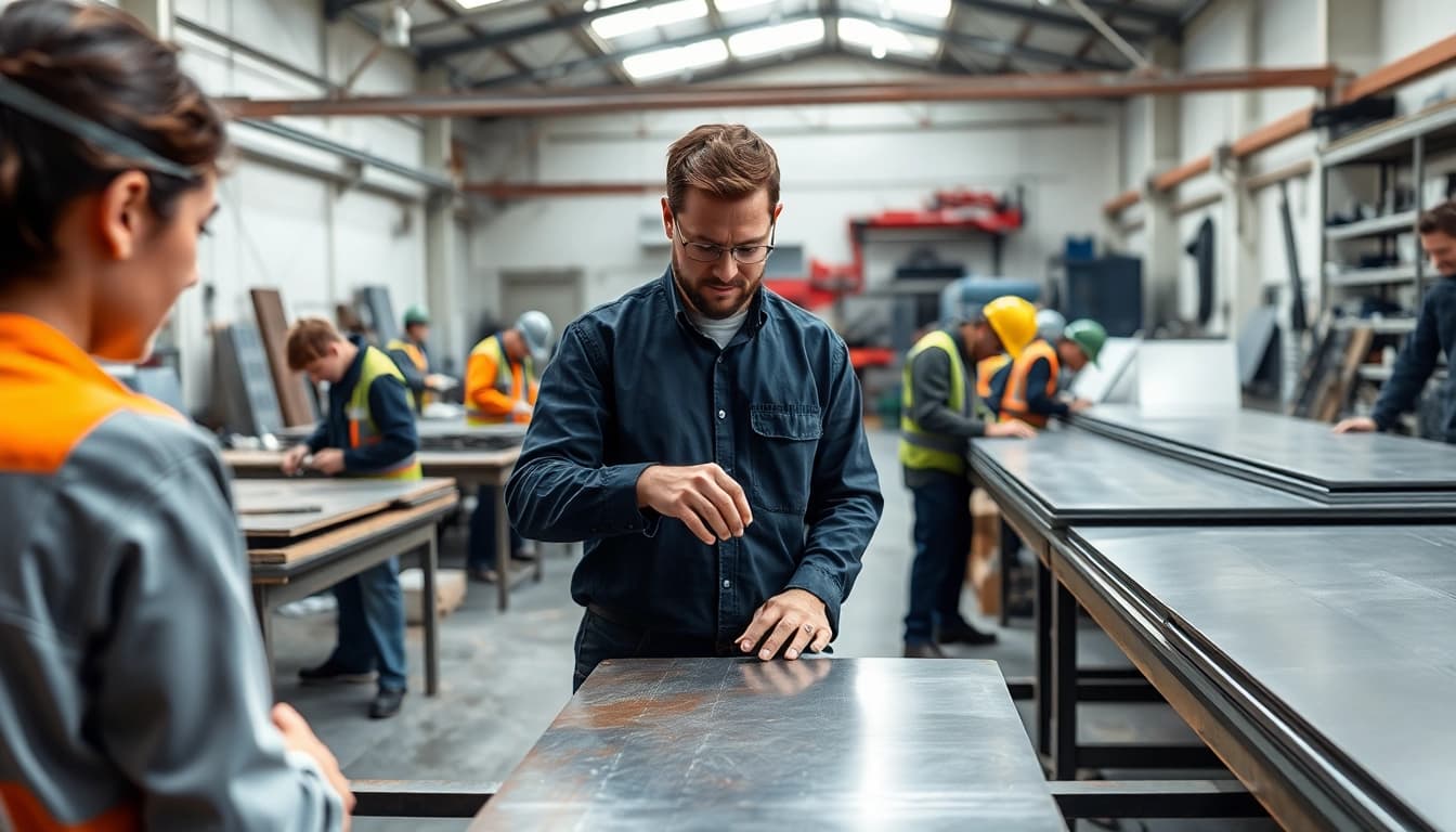 Students engaged in sheet metal training with an instructor demonstrating techniques in a workshop.
