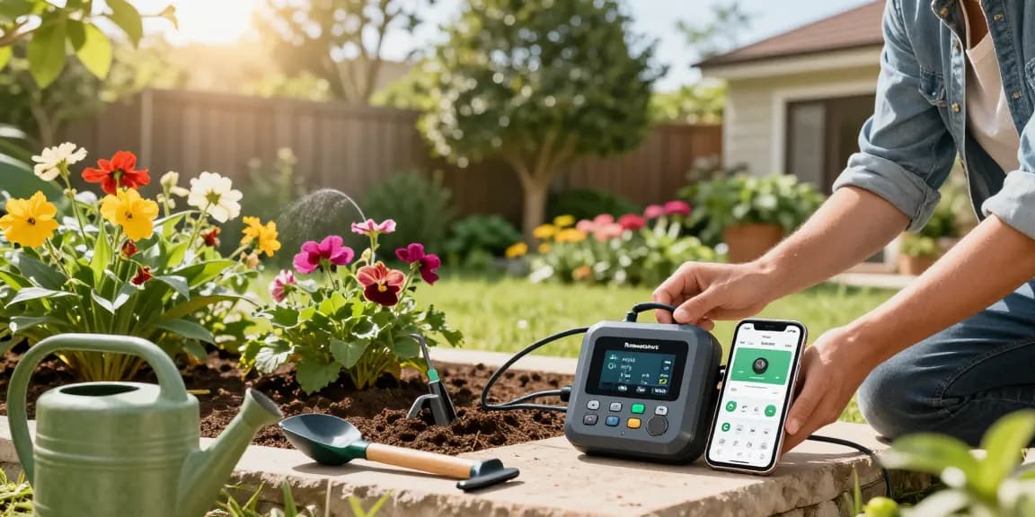 Using rainpoint Irrigation Controllers for efficient gardening in a lush backyard.